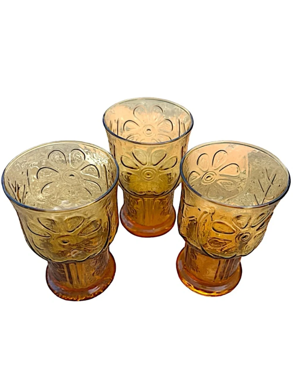 LIBBEY Vintage Amber Glass Tumbler 5” (set of 3) Country Garden Embossed Daisy